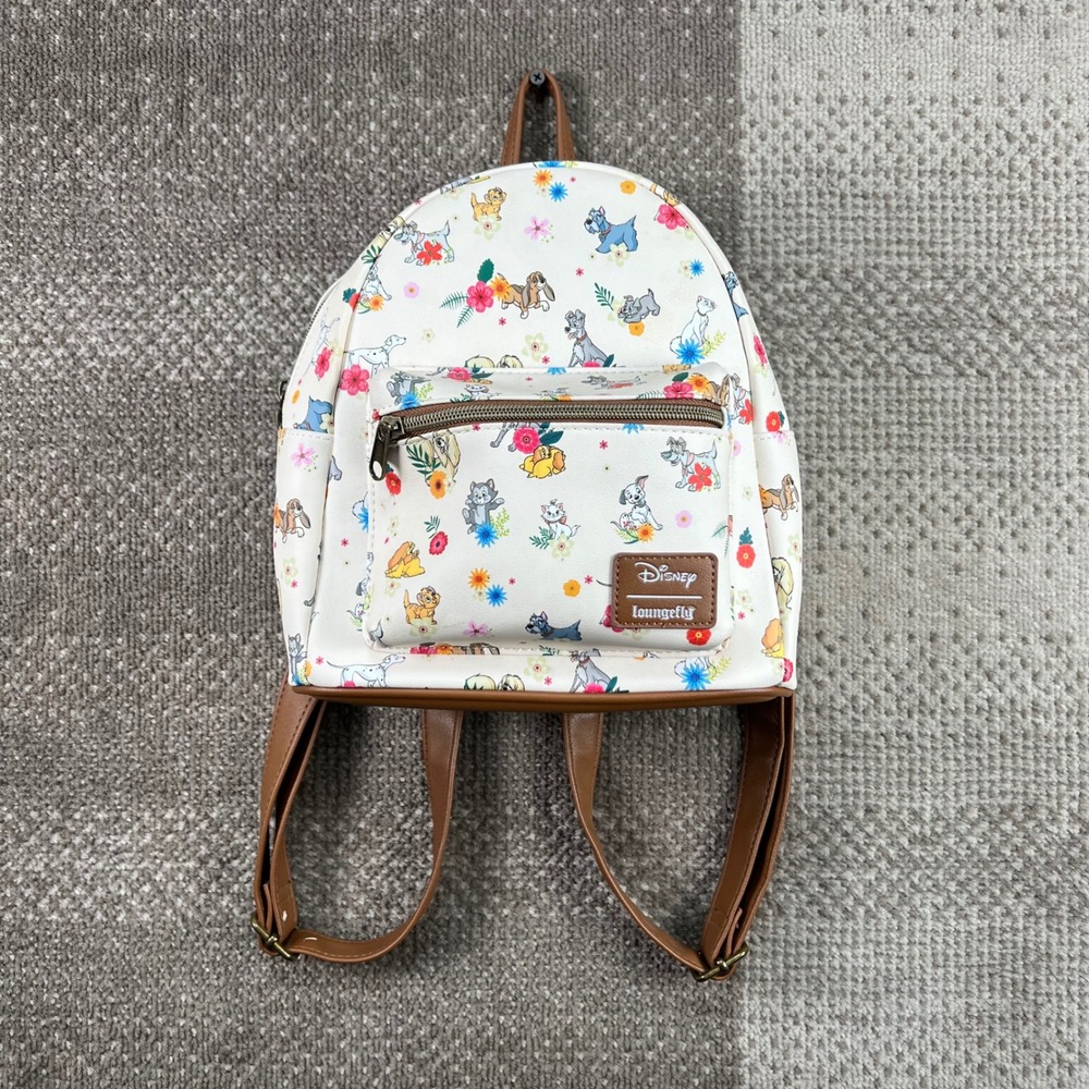 Disney Loungefly Mini Backpack Floral Dogs‎ and Cats White Brown Faux Leather